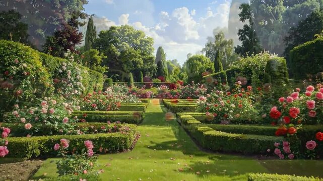 A beautiful garden with many colorful flowers and green bushes in the sunlight