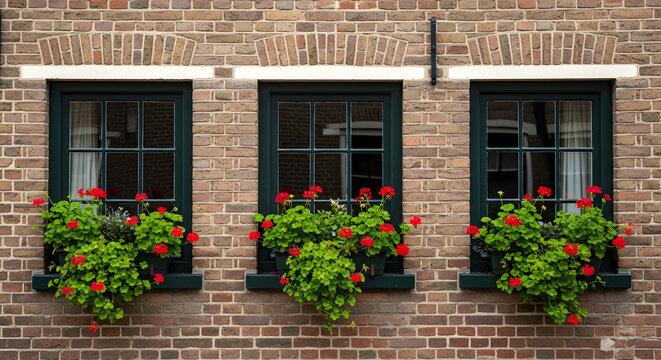Three black windows with flower boxes full of red geraniums on a rustic orange brick wall