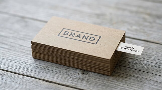 Kraft business cards with a brand logo and consistency message rest on a rustic wooden desk. Macro shot features sharp focus and bokeh. Ideal for professional branding marketing.