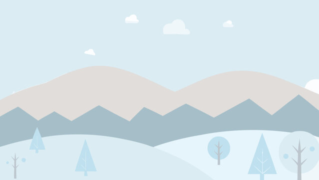 pastel mountain landscape illustration with stylized trees
