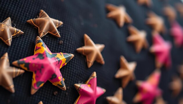 Close-up of worn, distressed star-shaped studs on dark fabric,  star,  dirty