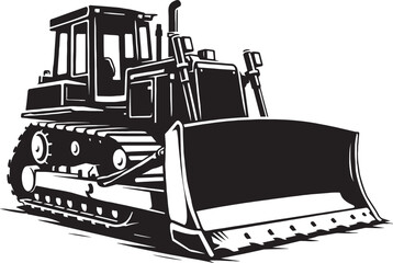 Heavy construction bulldozer vector illustration, black and white crawler tractor icon, industrial earthmoving equipment for civil engineering projects © Adnan