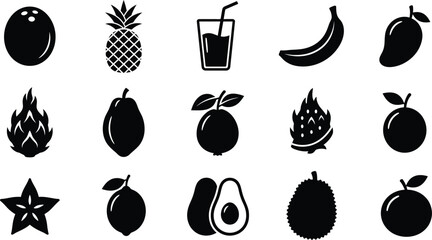 Black of various fruits and a drink on white background, symbols © Graphic Shops