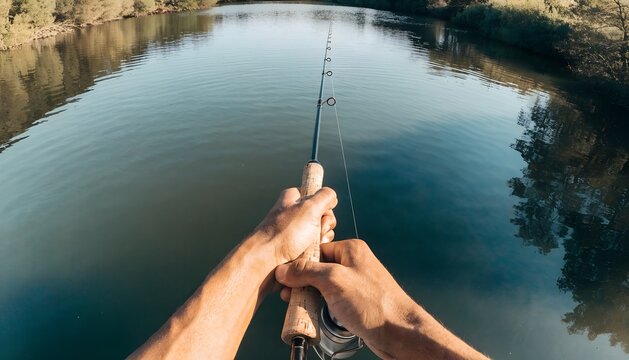 POV Shot of Bare Hands Gripping Fishing Rod Over Calm Water Surface Outdoor Fishing Leisure and Relaxation Hobby Concept in Peaceful Natural Lake or River Environment