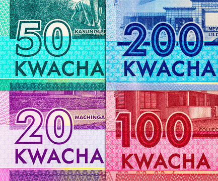 Malawian Kwacha banknotes (MWK) featuring various denominations. Malawi national currency. Money of Africa