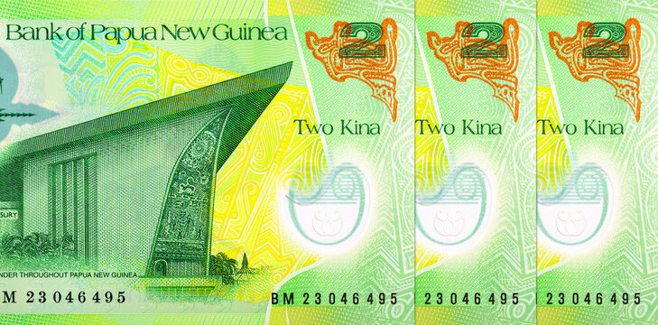 2 Kina Papua New Guinea, 2023 with the image of the Parliament building in Port Moresby. Polymer money Papua New Guinea.