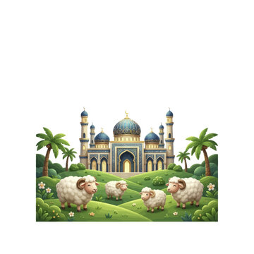 Illustration of a grand mosque with sheep grazing in a green landscape.