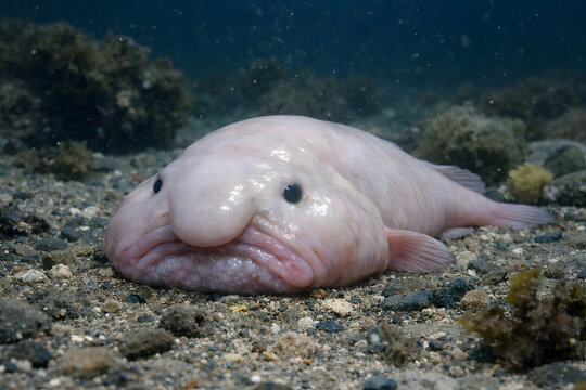 Blobfish resting on ocean floor in deep sea environment