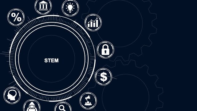 Digital concept of STEM with icons and gears on dark blue background Keywords: STEM, science, technology, engineering, mathematics, education, innovation, research, development, learning
