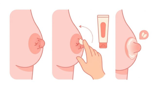 Illustration shows the steps for applying lanolin cream for nipple care during breastfeeding. The focus is on proper technique.