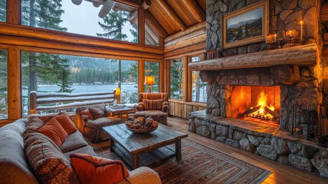 Cozy Log Cabin Living Room with Fireplace and Lake View