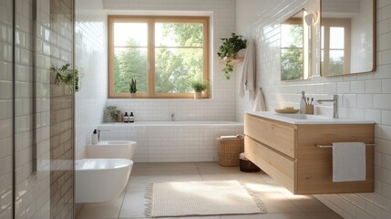 Fototapeta premium Modern bathroom with bathtub,sink,and vanity