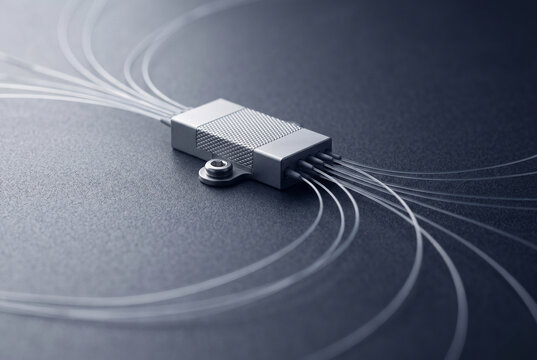Pristine geometric composition featuring a silver-matte fiber optic splitter module with elegant geometric knurling patterns and a fan of flexible, ultra-thin capillary legs.
