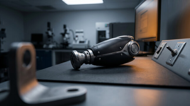 Wide cinematic showcase of a fully assembled bionic prosthetic in a dim laboratory setting. Soft rim light catches carbon panels and titanium joints, projecting elite medical future.
