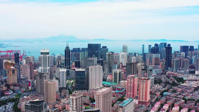 Aerial View of Modern Coastal Skyline in Dalian, China