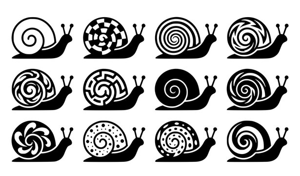 Swirling shell snail icon bundle vector black and white illustration