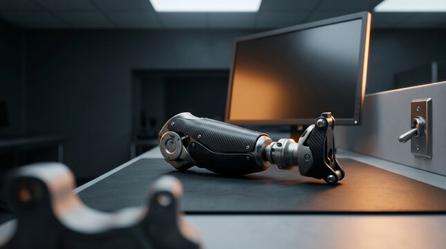 Wide cinematic showcase of a fully assembled bionic prosthetic in a dim laboratory setting. Soft rim light catches carbon panels and titanium joints, projecting elite medical future.
