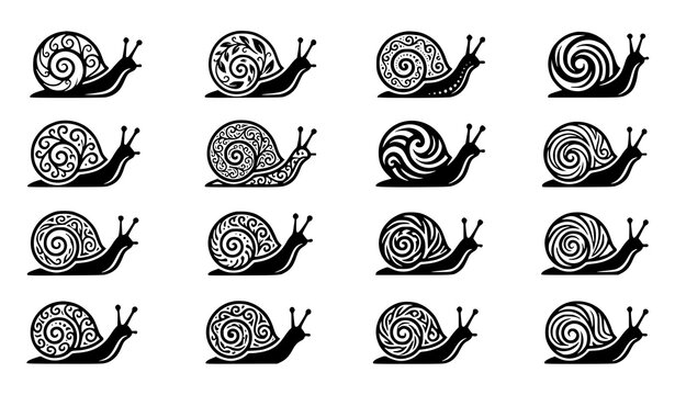 Black and white snail silhouette collection vector spiral shell icons