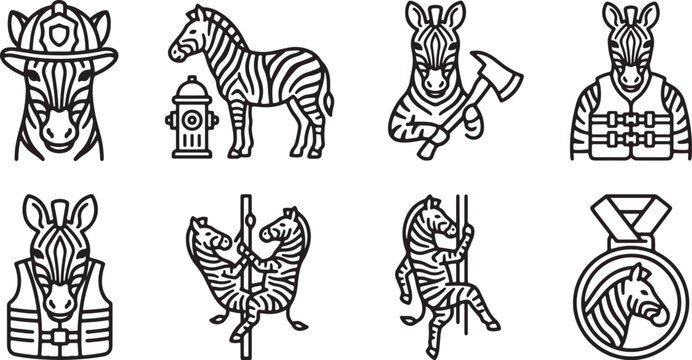 Collection of creative black and white line art icons featuring zebras in various funny roles and engaging professional human activities