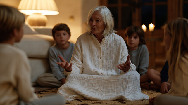 Grandmother narrating folktale story to wide eyed grandchildren gathered on living room rug, using hand gestures to animate characters, no books present, oral tradition bedtime storytelling, evening
