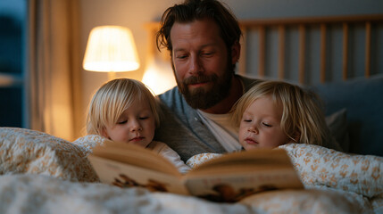 Obraz premium Father reading bedtime storybook to twin toddlers in dim nursery, soft lamp glow, children tucked under patterned quilts, dad using expressive gestures to animate characters, nightly bedtime ritual,