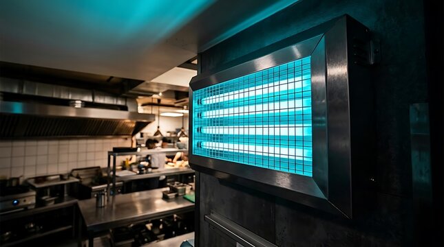 Electric bug zapper emits a bright blue UV glow in a professional restaurant kitchen with stainless steel equipment and sharp focus. Ideal for food hygiene and sanitation marketing.
