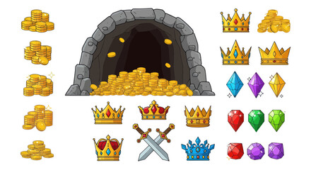 Treasure Trove: Cave, Gold Coins, Crowns, Swords, and Gems - Pixel Art © Angsa