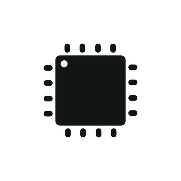 Black silhouette icon of a square integrated circuit chip with surrounding pins vector design on white background.