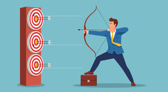 Business man aiming with a bow and arrow at a target board, achieving goals and success, vector illustration of strategic planning