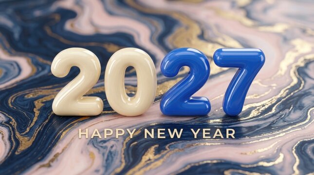 Happy new year 2027 glossy numbers on marble background