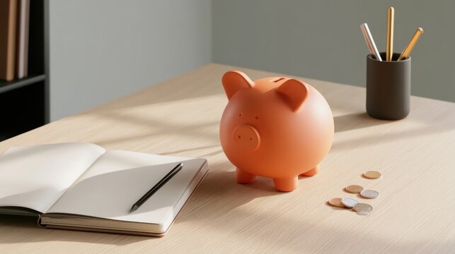 Close-up of orange piggy bank with coins scattered on wooden desk next to open notebook and pen in cozy natural light home office setting