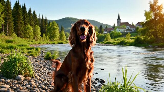 Irish Setter dog enjoys sunny day sitting on riverbank near small village and church with flowing water