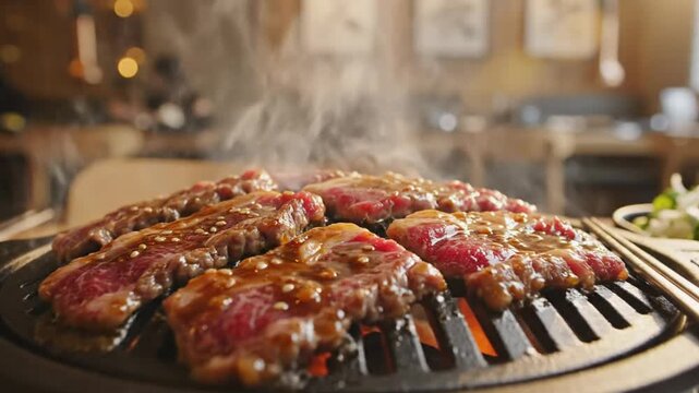 Delicious sliced marinated beef grilling over hot coals in a Korean barbecue restaurant, steam rising, close-up shot