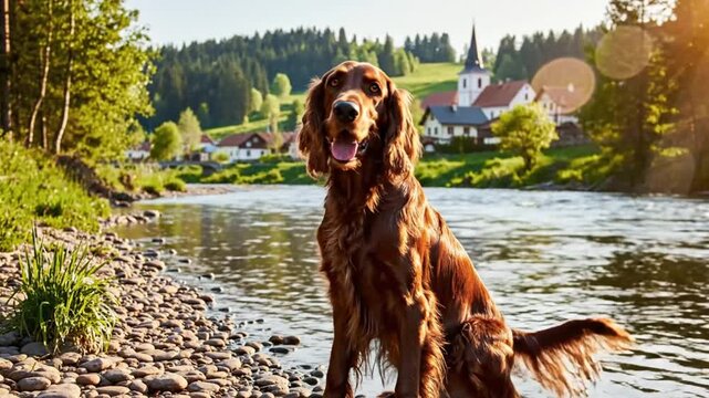 Irish setter dog sitting by a river with a small village in the background during golden hour