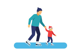 Fototapeta premium Parent and Child Ice Skating on Frozen Pond