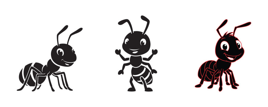 Three cartoon ants in different poses isolated on white background