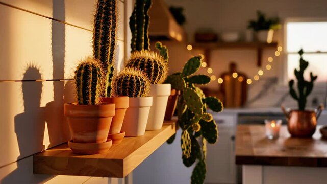 A kitchen shelf with potted cacti in various pots near a window with warm light