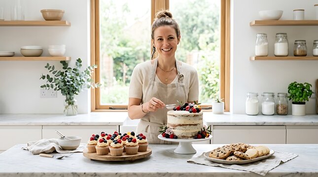Female baker smiles while finishing a gourmet berry cake in a bright airy studio kitchen with sharp focus on textures. Ideal for small business branding and food blog marketing.