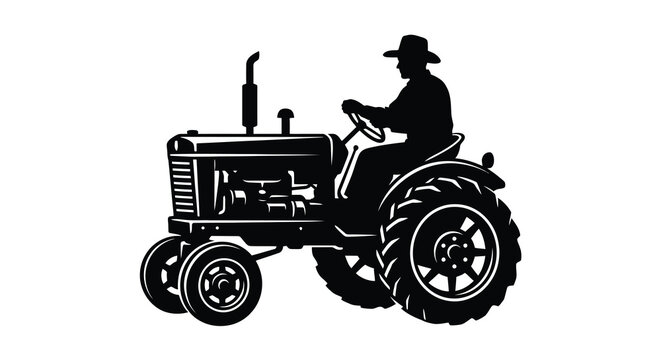 Silhouette of a man driving a tractor isolated on white background