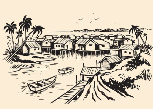 tropical village sketch with stilt houses and boats