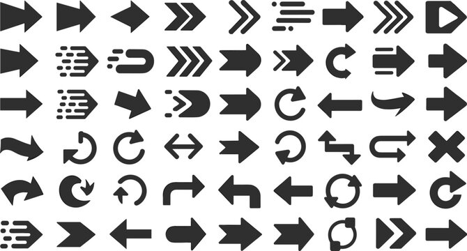 Comprehensive Black Arrow Vector Icon Set Featuring Diverse Multi Style Directional Pointers Chevrons Undo Redo Loops and Speed Motion Elements for UI Designs