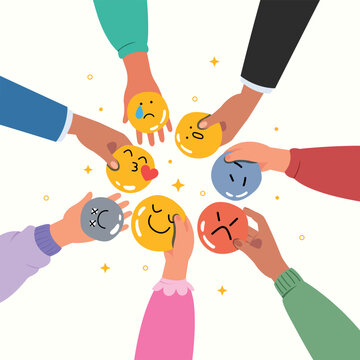 Emotional therapy and sharing concept. Feeling, emotion, positive attitude, negative attitude or customer feedback. Hands holding icon of emoji.