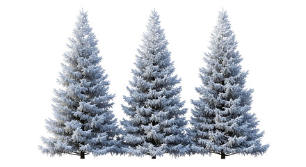 Fototapeta premium Three snow-covered evergreen trees with frosted branches, isolated on a transparent background, showcasing winter foliage and seasonal beauty