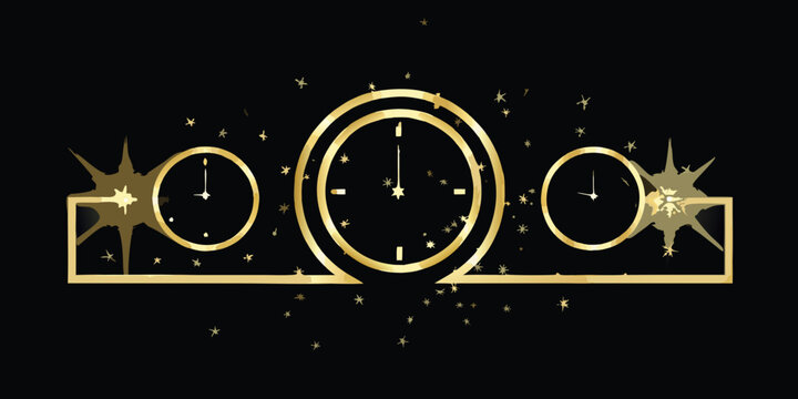golden clocks illustration with stars on black background