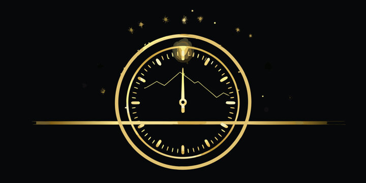clock face with golden hands and stars on black background