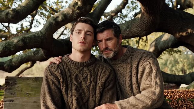 Two men in sweaters looking thoughtful outdoors.