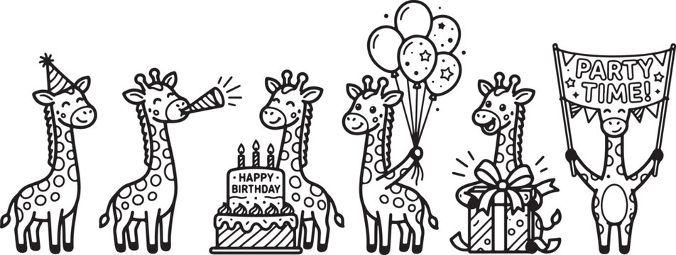 Cute cartoon giraffes celebrating a birthday party with a cake balloons presents and a banner in this black line drawing