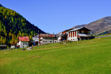 Blick über alpine Bergwiesen auf den kleinen Weiler Melag im herbstlichen Langtauferer Tal in Südtirol © Ilhan Balta