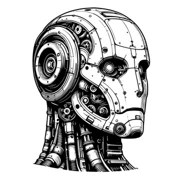 Mechanical Cyborg Head Design. Black and white illustration of a cyborg-style robotic head with visible gears, cables, and internal machinery, blending human aesthetics with advanced technology.