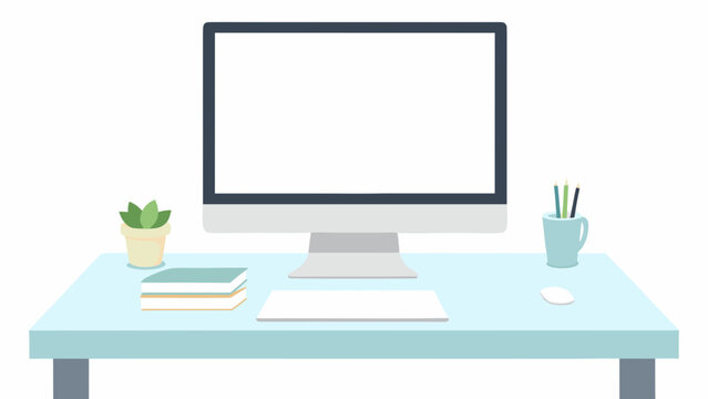 computer monitor with desk setup flat vector illustration